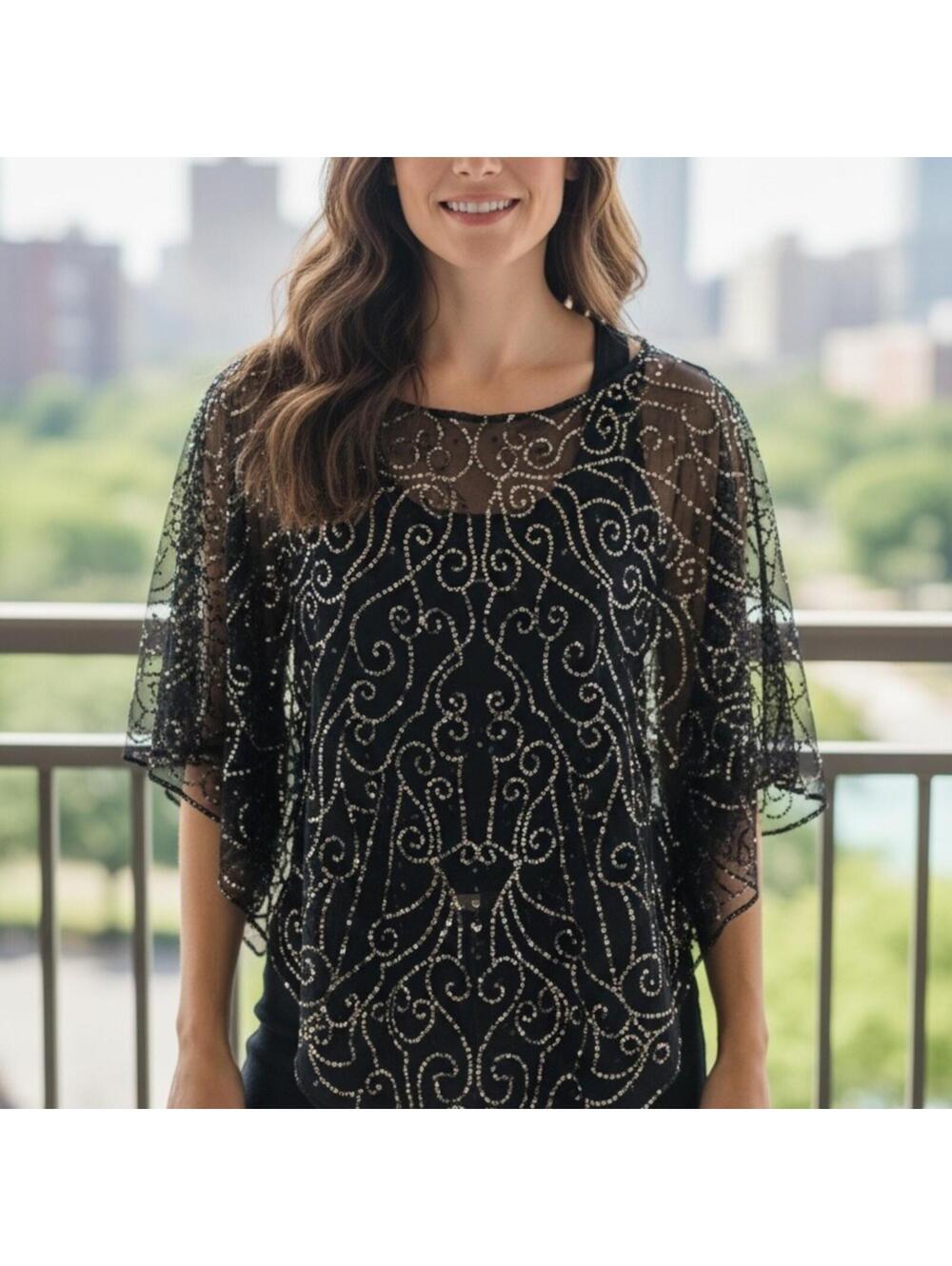 BCBGMAXAZRIA Black Sequin One Shoulder Mesh Poncho Top